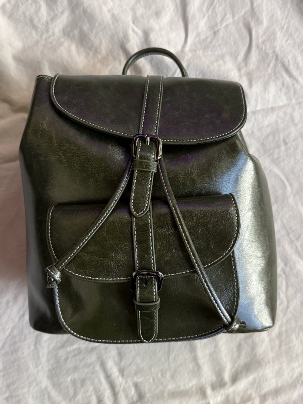 NWOT Genuine Leather Olive Green Drawstring Flap Backpack + Dust Bag